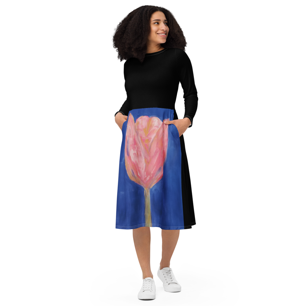 All-over print long sleeve midi dress