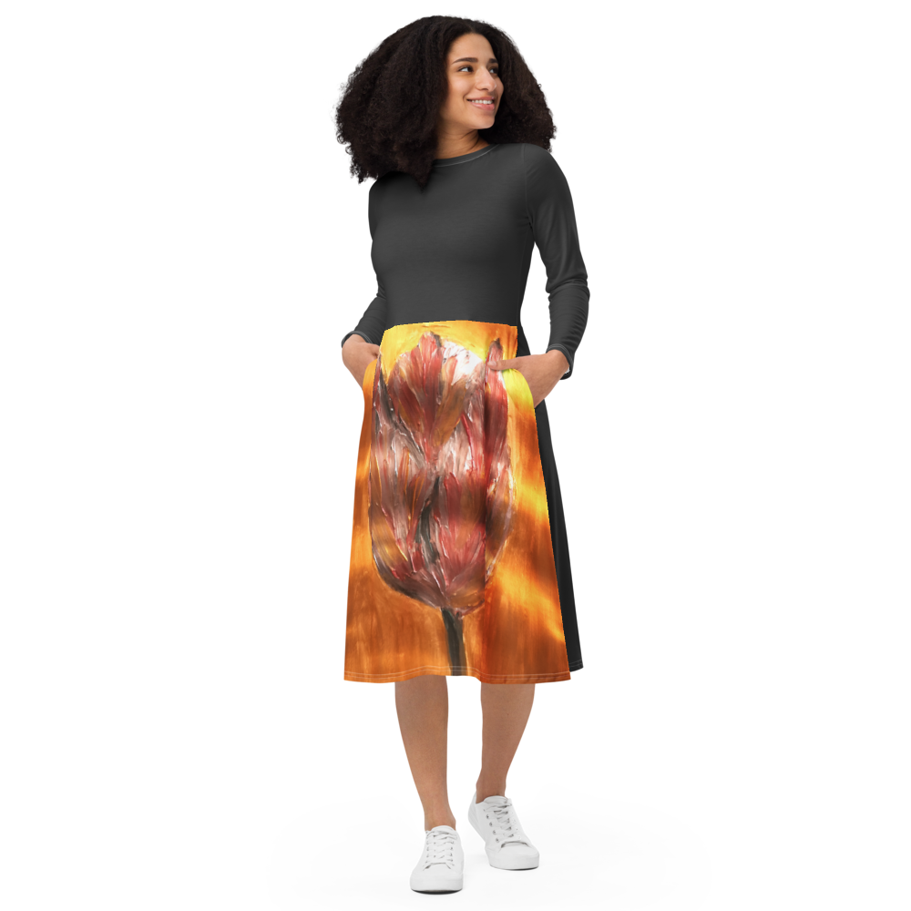 All-over print long sleeve midi dress