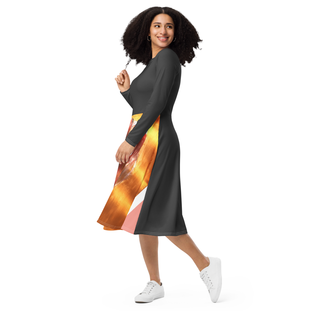 All-over print long sleeve midi dress