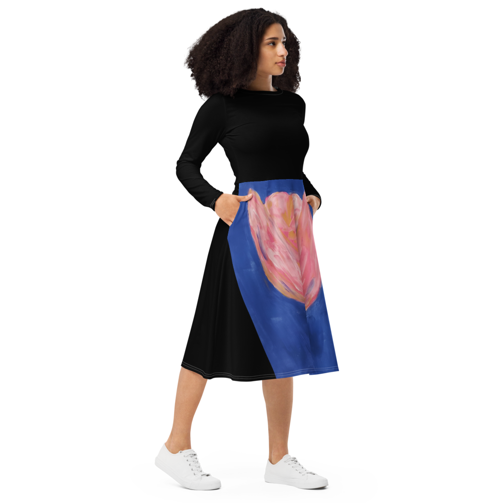 All-over print long sleeve midi dress