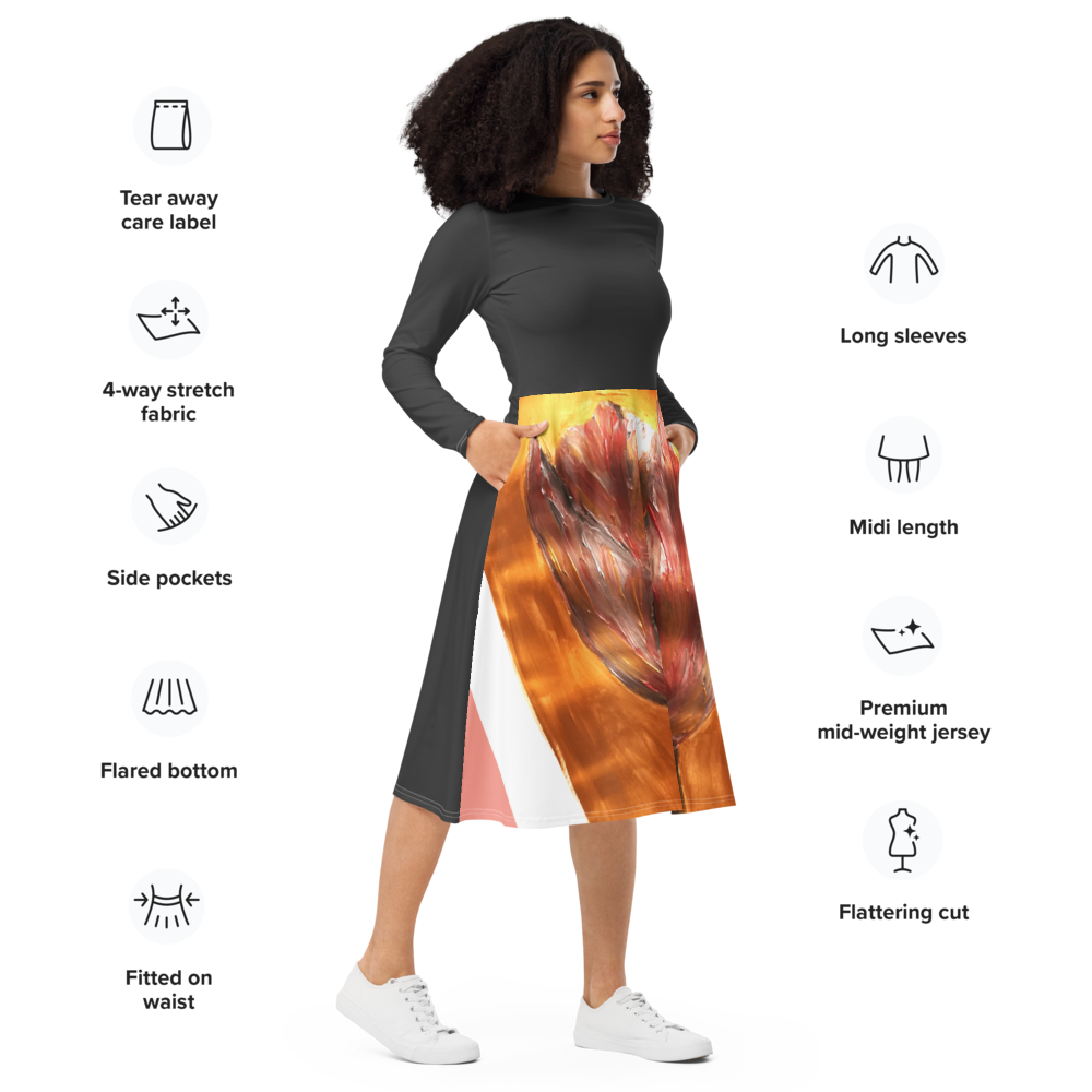 All-over print long sleeve midi dress